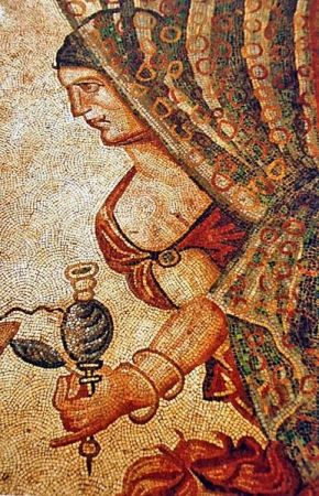 Ancient roman mosaic of the roman vila of La Olmeda in Pedrosa de la Vega (Palencia, Castile and León). Only known evidence of transparency using tesserae (on woman's veil).