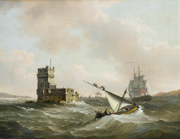‘An English frigate in choppy waters in the Tagus passing the Belém Tower’ by John Thomas Serres (1823)
